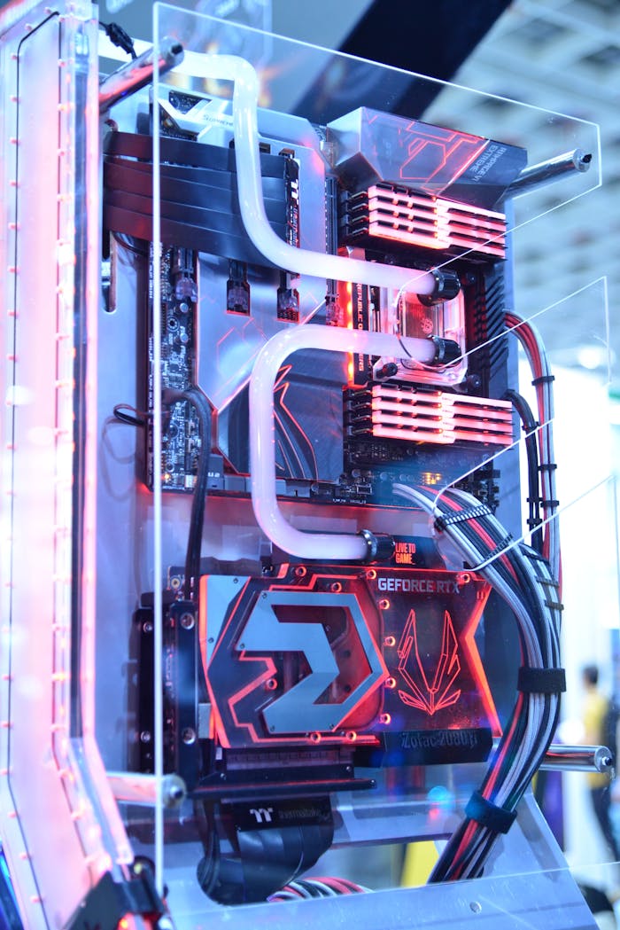 get-in-touch Close-up view of a custom gaming PC with water cooling and LED lights, highlighting advanced technology.