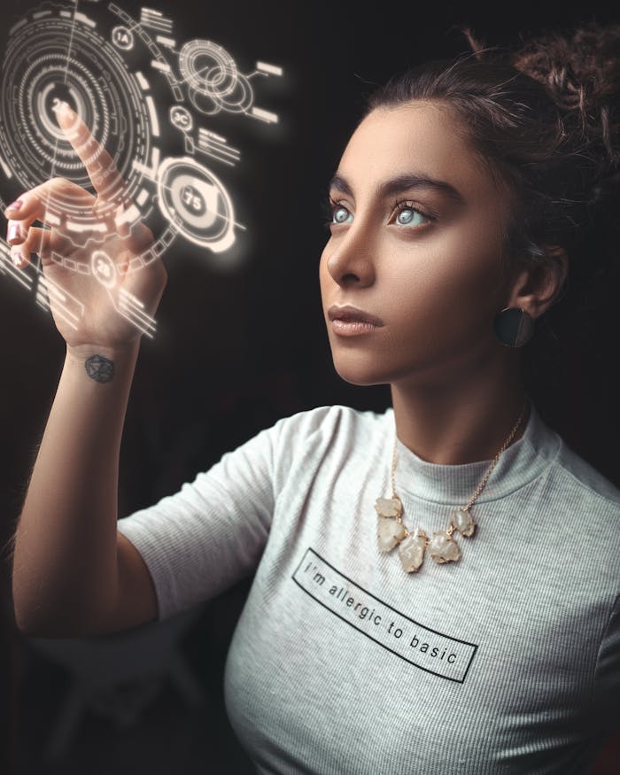 about-bg Woman in a modern setting interacting with a holographic user interface. Futuristic concept.