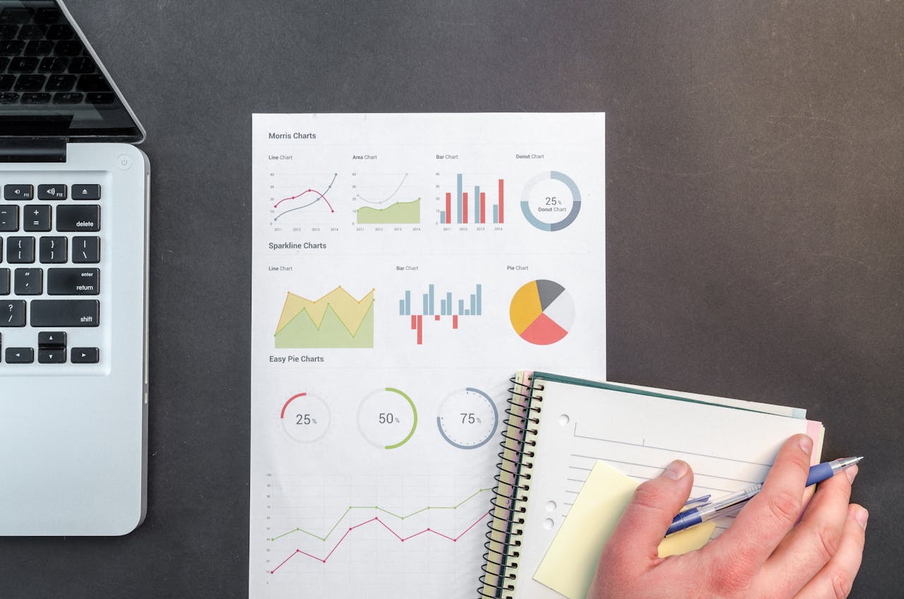 The Art of Drawing Readers In: Your attractive post title goes here Overhead view of a business desk with charts and a laptop, ideal for data analysis concepts.